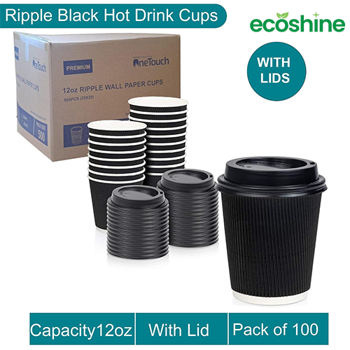 12 oz Black Disposable Cups with Lids (Box of 100-500)
