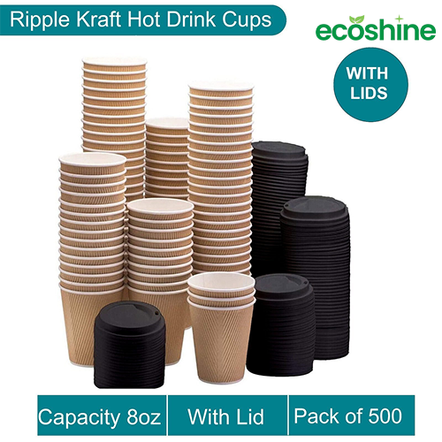 Disposable Hot Drink Cup with black lid for Coffee, Triple Insulated Ripple Cup (Box of 100-500)- Kraft(8 oz)