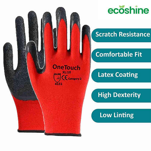OneTouch Red Work Gloves - Latex Coated Crinkled Finish (Pack of 12)