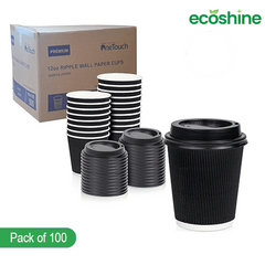 12 oz Black Disposable Cups with Lids (Box of 100-500)