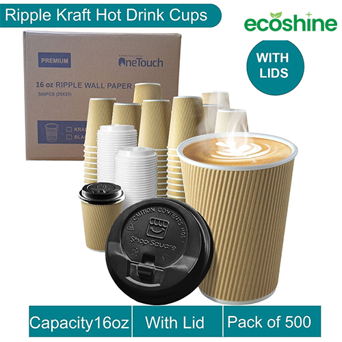 Disposable Hot Drink Cups with black lid for Coffee, Triple Insulated Ripple Cup  (Box of 100-500) -kraft (16 oz)
