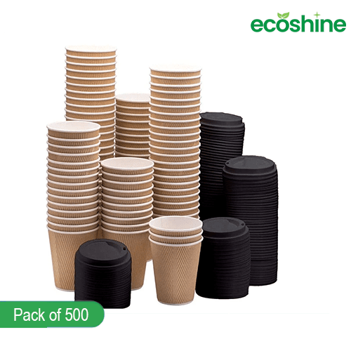 Disposable Hot Drink Cup  with black lid for Coffee, Triple Insulated Ripple Cup  (Box of 100-500)- Kraft(8 oz)
