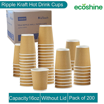 Disposable Ripple Hot Drink Cups, without lid, Triple Insulated paper cup (Box of 100- 1000)-Kraft(16oz)