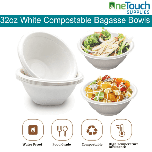 EcoChoice 32oz White Compostable Bagasse Bowls - Pack of 50
