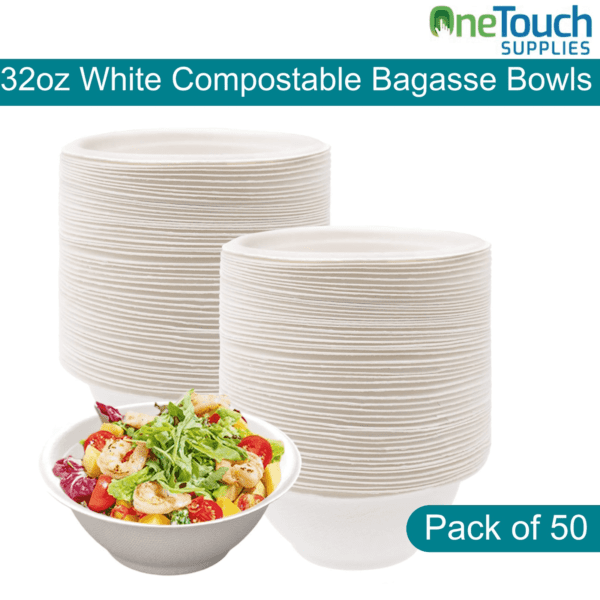 EcoChoice 32oz White Compostable Bagasse Bowls - Pack of 50 - Image 2
