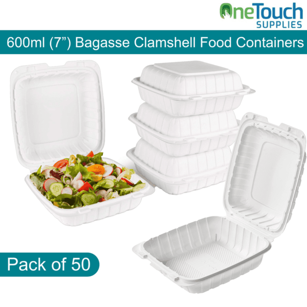 EcoChoice 600ml (7'') Bagasse Clamshell Food Containers – Pack of 50