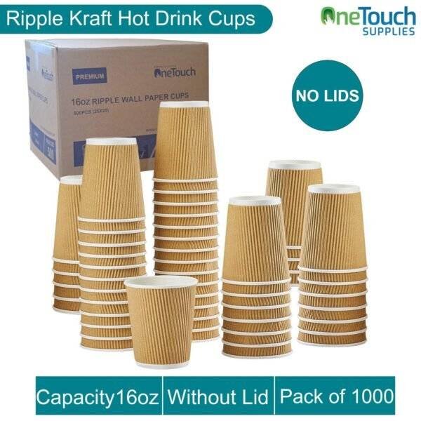 Disposable Ripple Hot Drink Cups, without lid, Triple Insulated paper cup (Box of 100- 1000)-Kraft(16oz)