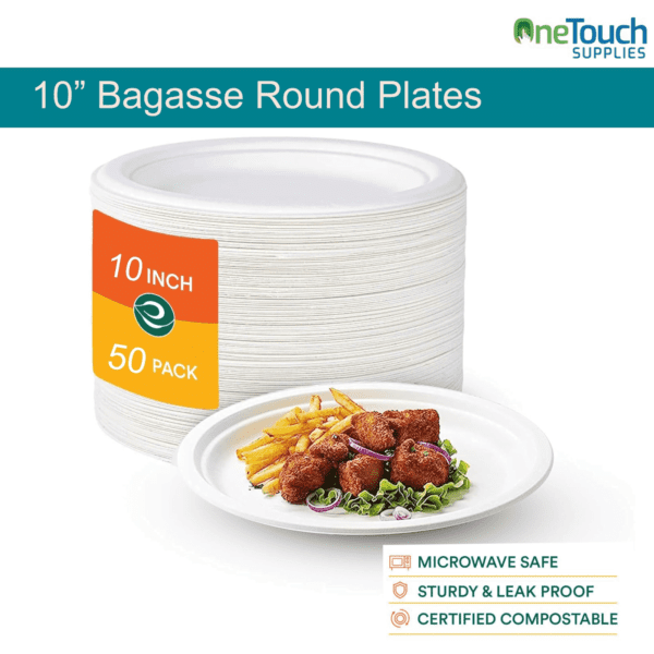 Sugarcane 10″ Round Plate - Eco-Friendly, Compostable, Bagasse Plates (Pack of 50)