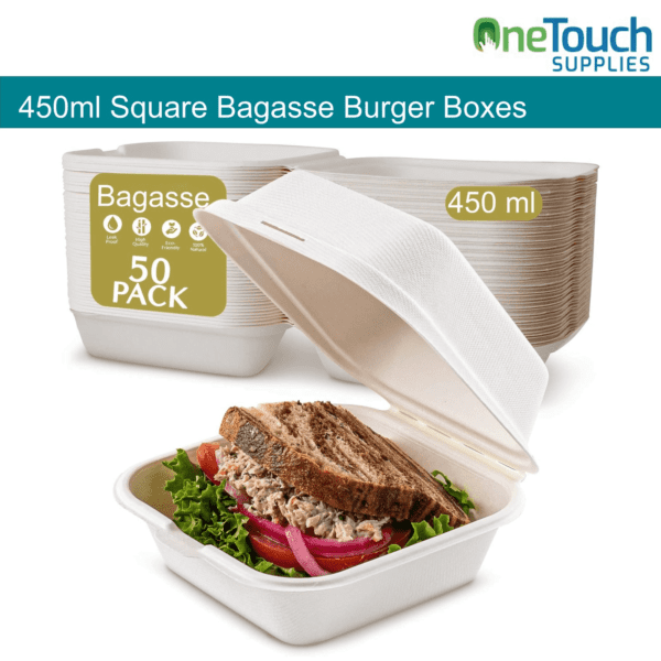 EcoChoice 450ml Square Bagasse Burger Boxes - Pack of 50